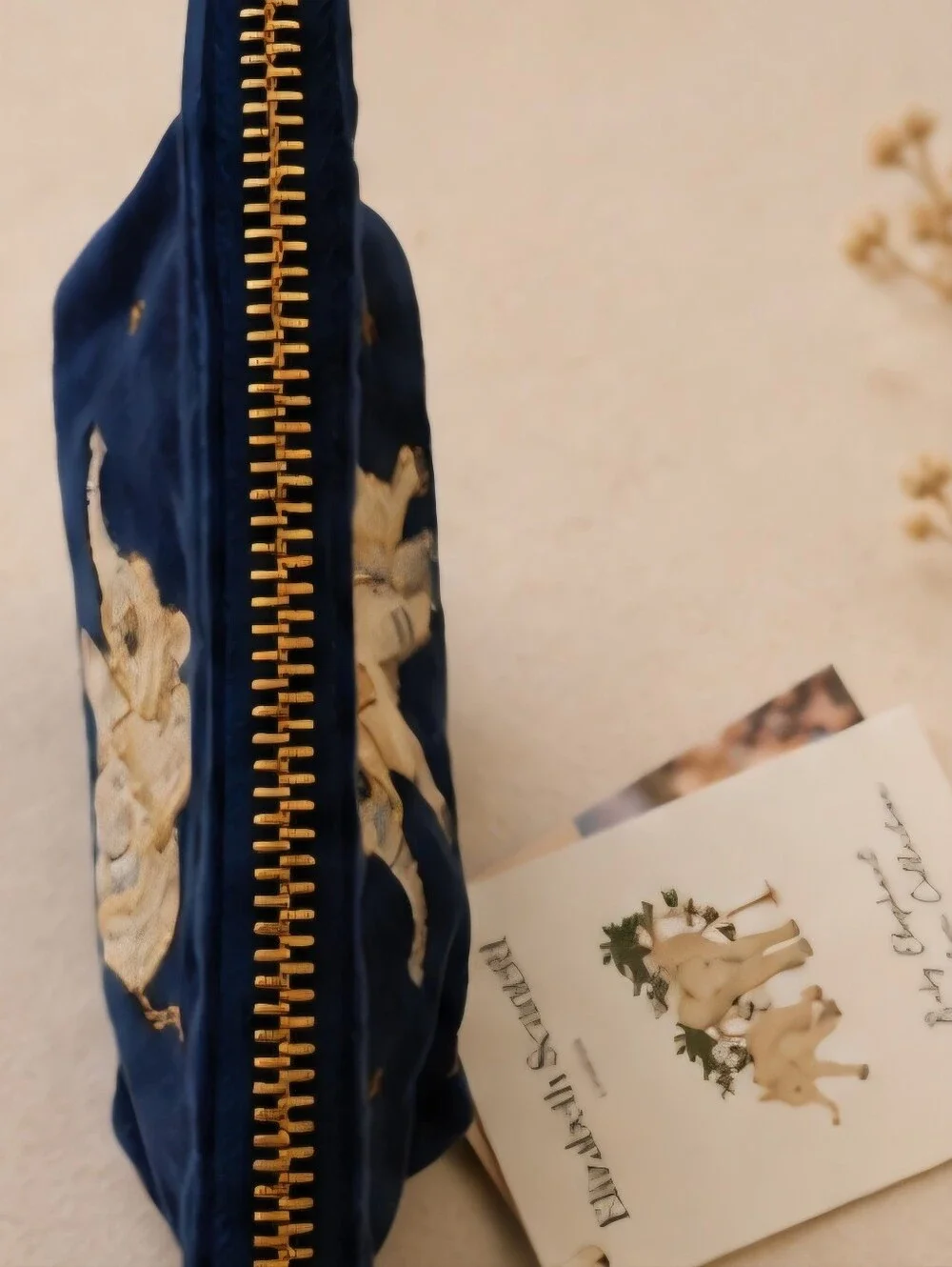 Elizabeth Scarlet Navy Velvet Pouch with Gold-Embroidered Baby Elephant NWT